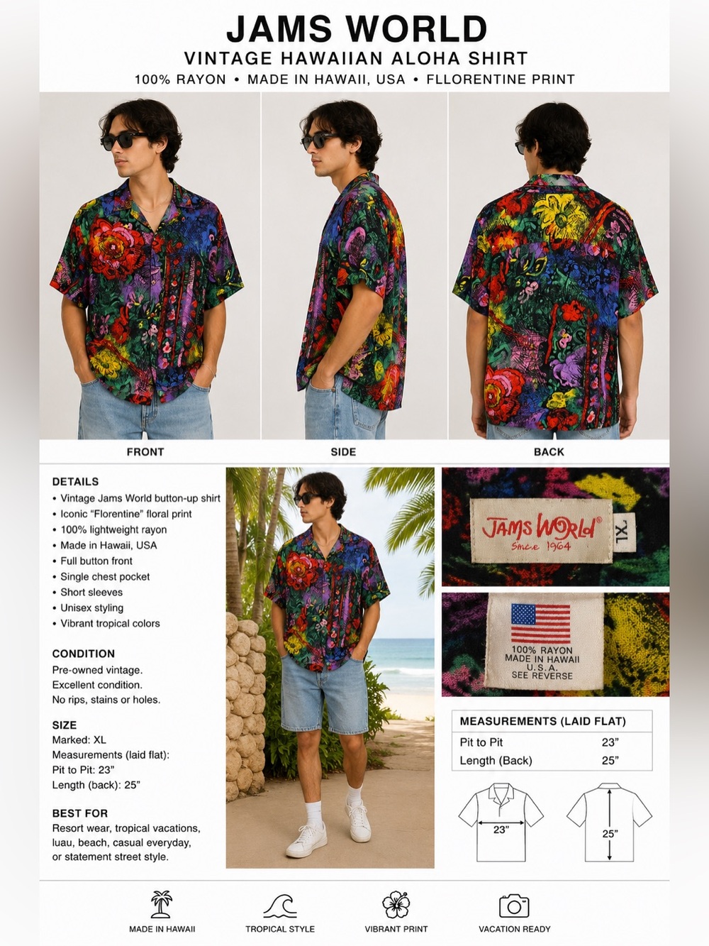 Jams World Hawaiian Aloha Shirt XL Florentine Floral Print USA Rayon Unisex